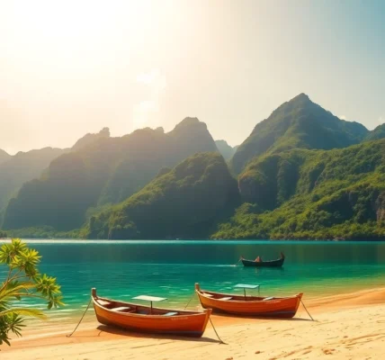 Colorful Lombok travel package featuring beaches and mountains, inviting tourists to explore Indonesia's natural beauty.