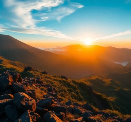 Majestic Mount Rinjani volcano with lush slopes and crater scenic view in Lombok, Indonesia.