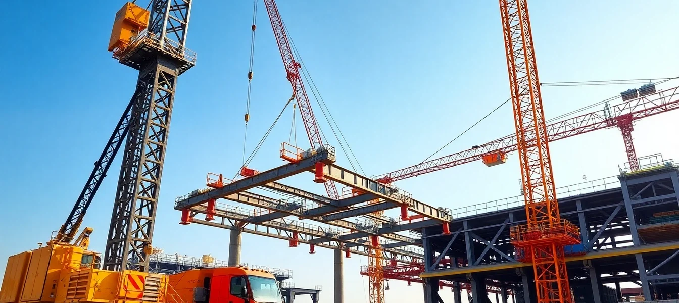 Efficient crane rental solutions on a busy construction site with large mobile cranes in use.