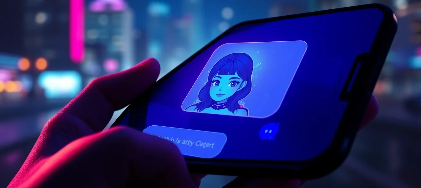 Close-up of a smartphone screen displaying an AI chatbot interface with a digital female character in a dark, neon-lit setting.
