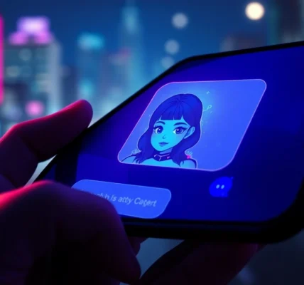 Close-up of a smartphone screen displaying an AI chatbot interface with a digital female character in a dark, neon-lit setting.