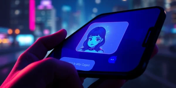 Close-up of a smartphone screen displaying an AI chatbot interface with a digital female character in a dark, neon-lit setting.