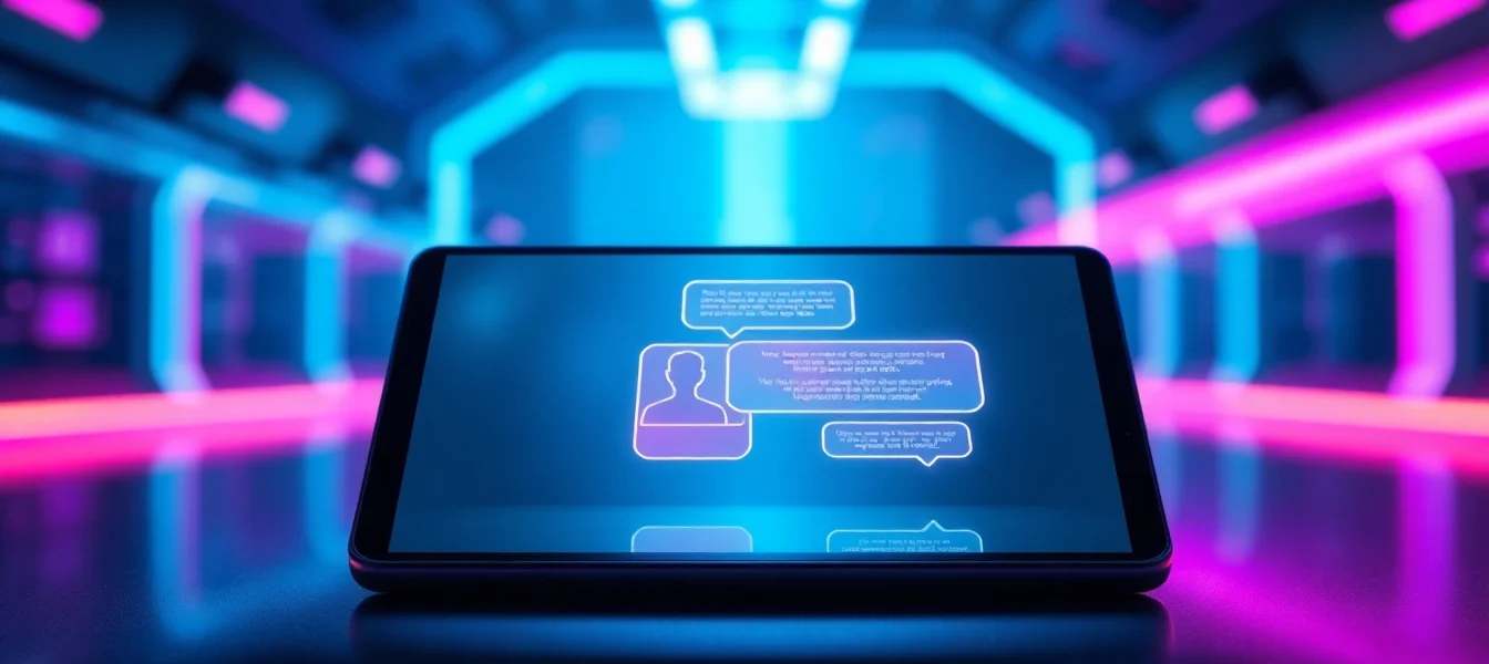 An illustration of a futuristic chat device displaying colorful AI conversation bubbles in a high-tech environment.