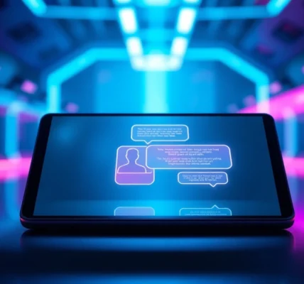 An illustration of a futuristic chat device displaying colorful AI conversation bubbles in a high-tech environment.