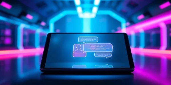 An illustration of a futuristic chat device displaying colorful AI conversation bubbles in a high-tech environment.