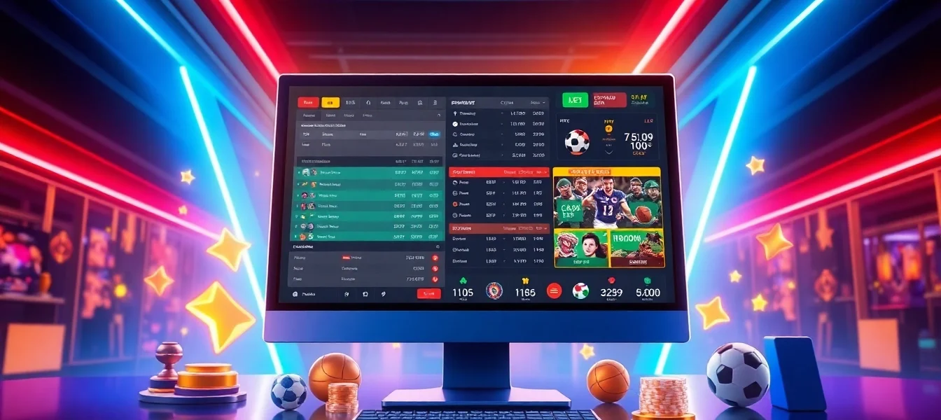 Illustration of an online sports betting and casino platform with dynamic digital elements and vibrant neon lights.