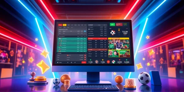 Illustration of an online sports betting and casino platform with dynamic digital elements and vibrant neon lights.