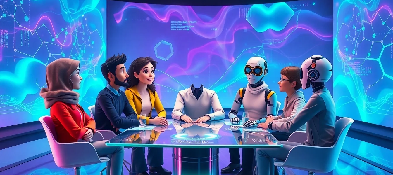 Futuristic digital conversation scene with diverse AI characters in a high-tech environment.