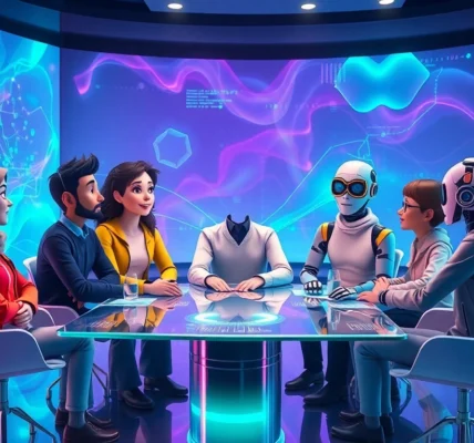 Futuristic digital conversation scene with diverse AI characters in a high-tech environment.