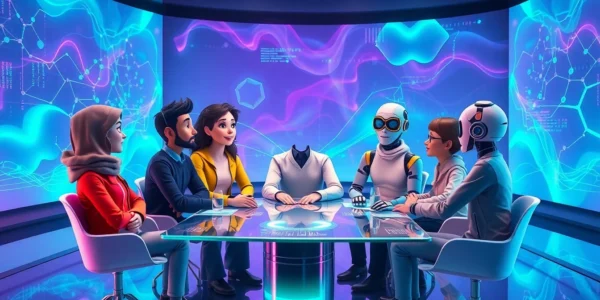 Futuristic digital conversation scene with diverse AI characters in a high-tech environment.
