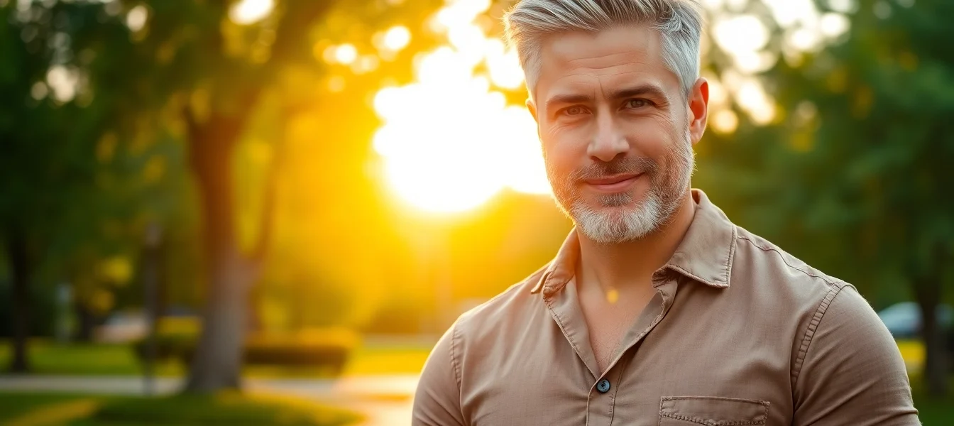 Attractive mature man outdoors during golden hour with confident pose and warm lighting