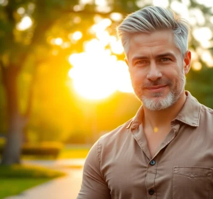 Attractive mature man outdoors during golden hour with confident pose and warm lighting