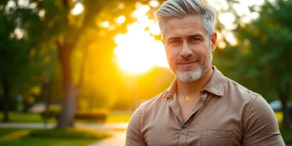 Attractive mature man outdoors during golden hour with confident pose and warm lighting