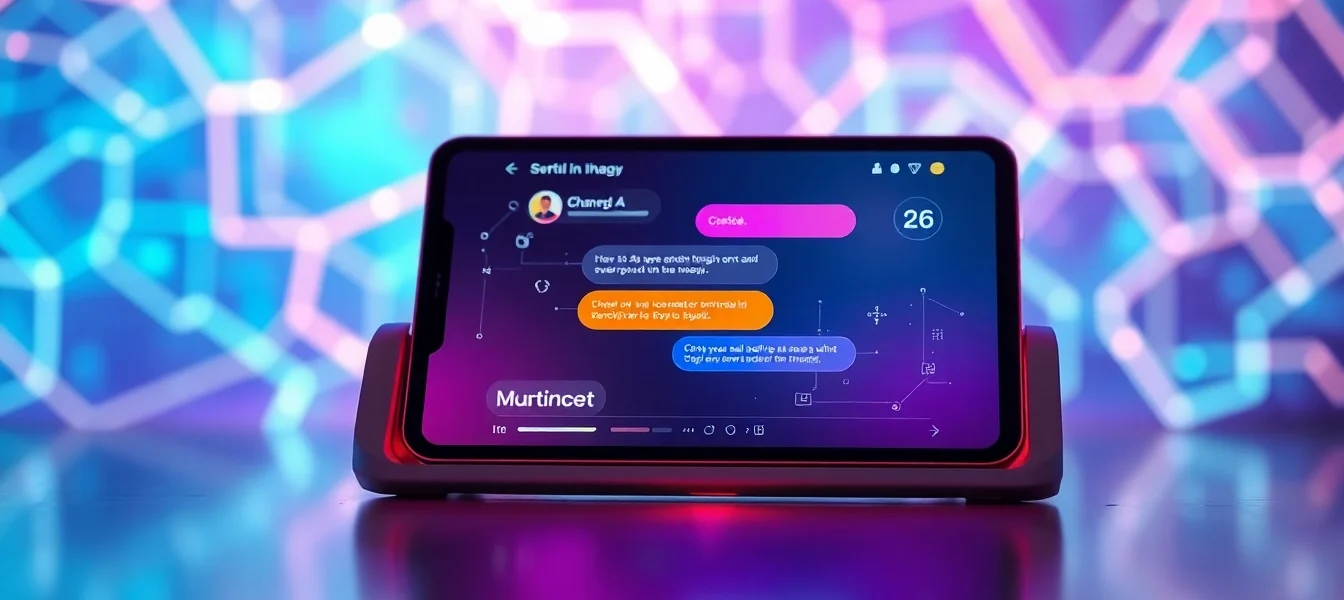 Futuristic digital chat interface with neon colors and modern device screen.