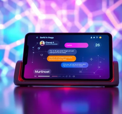 Futuristic digital chat interface with neon colors and modern device screen.