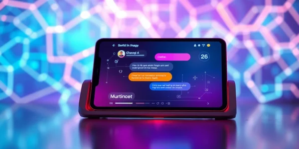 Futuristic digital chat interface with neon colors and modern device screen.