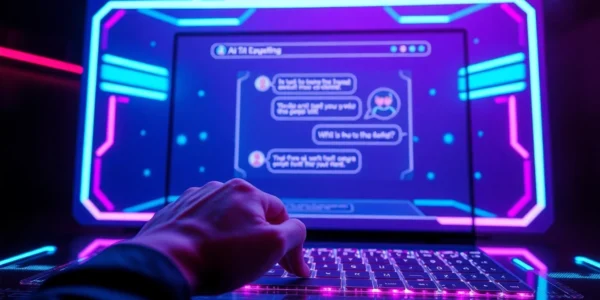 Futuristic chat interface with neon accents and holographic elements showing AI conversation on a high-tech screen.