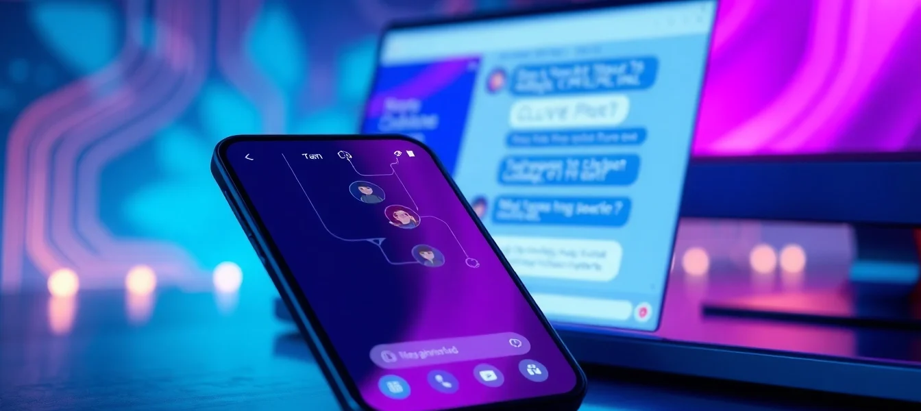Modern chatbot interface on devices with vibrant, glowing screens and customizable characters.