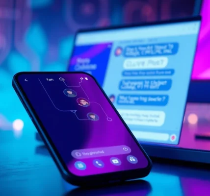 Modern chatbot interface on devices with vibrant, glowing screens and customizable characters.