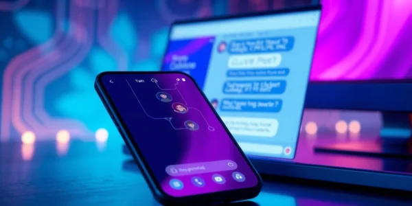 Modern chatbot interface on devices with vibrant, glowing screens and customizable characters.