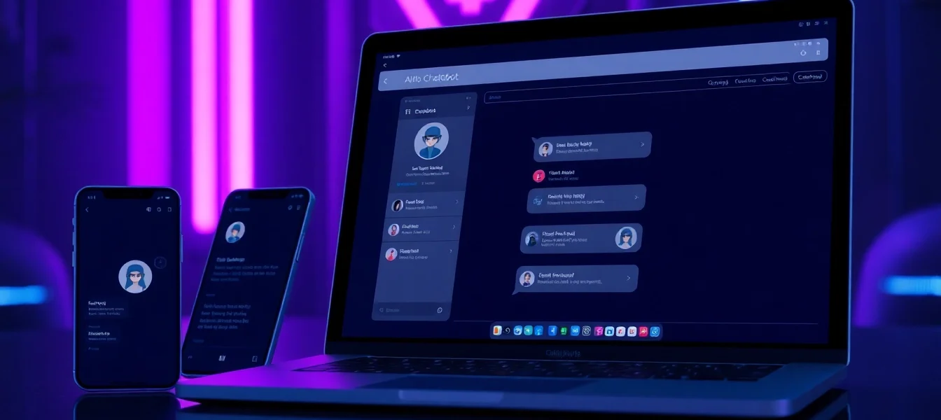A futuristic digital chat interface on devices with neon accents and AI character avatars.