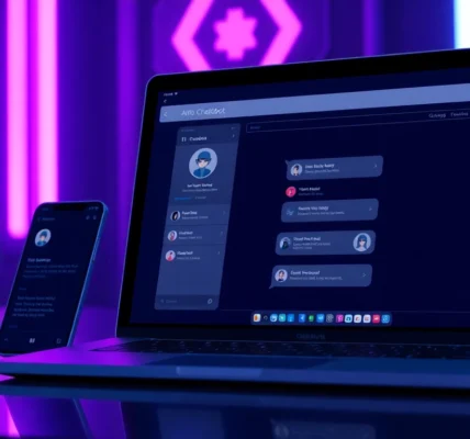 A futuristic digital chat interface on devices with neon accents and AI character avatars.