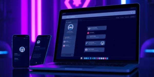 A futuristic digital chat interface on devices with neon accents and AI character avatars.