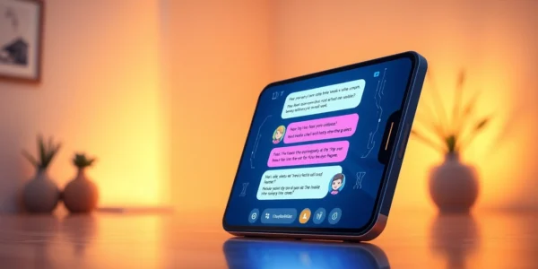 Smartphone displaying an AI chatbot conversation with colorful message bubbles and customizable AI characters in a modern setting.