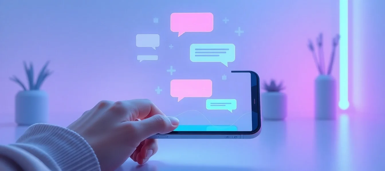 Futuristic AI chatbot interaction on a sleek device with holographic chat bubbles and neon accents in a modern workspace.