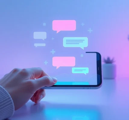 Futuristic AI chatbot interaction on a sleek device with holographic chat bubbles and neon accents in a modern workspace.