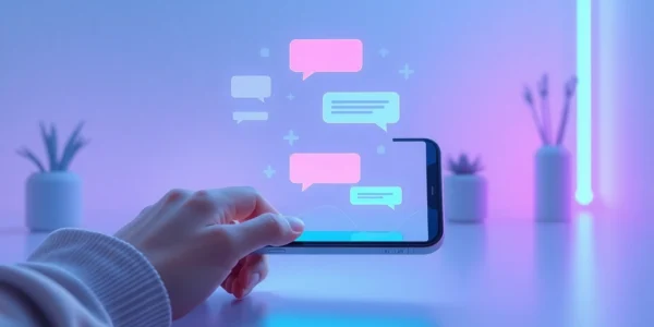 Futuristic AI chatbot interaction on a sleek device with holographic chat bubbles and neon accents in a modern workspace.