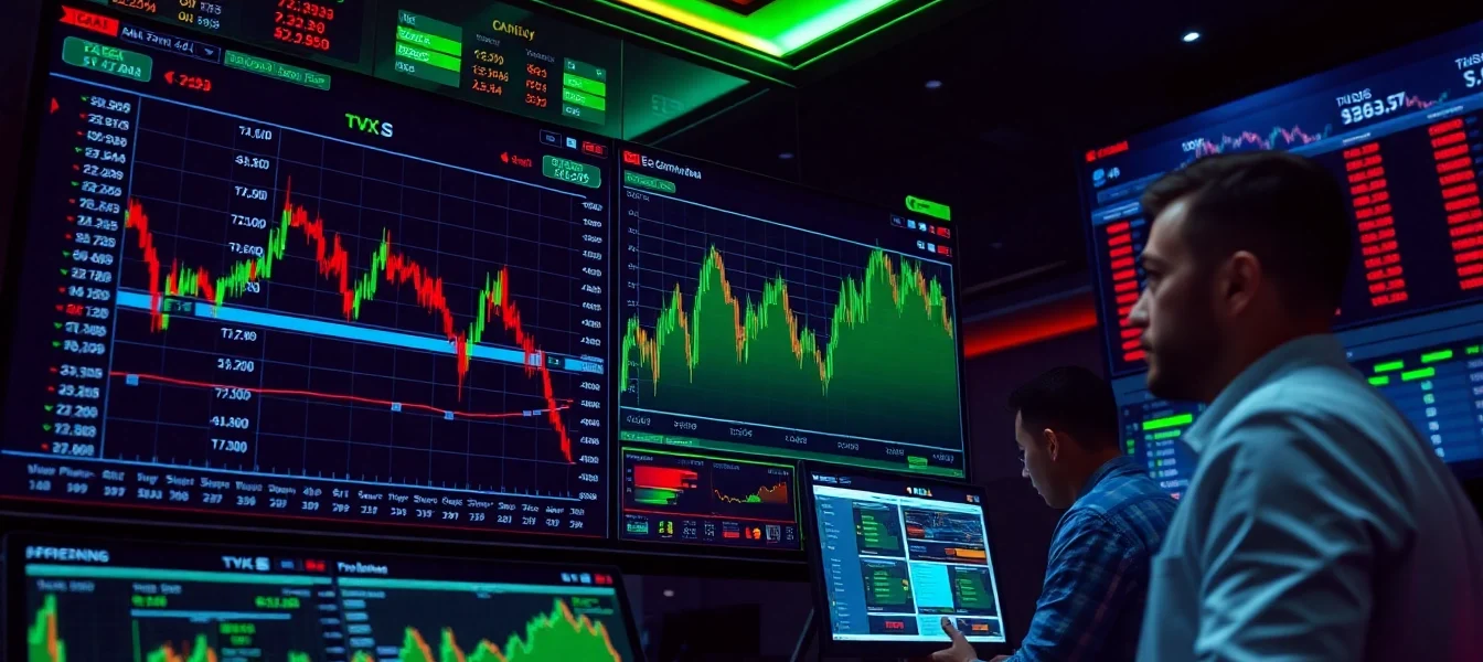 Online Stock Trading platform with dynamic charts and professional traders analyzing financial data