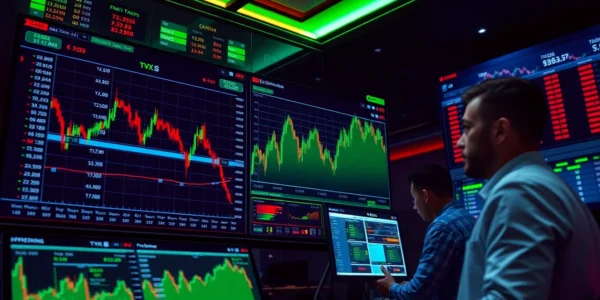 Online Stock Trading platform with dynamic charts and professional traders analyzing financial data