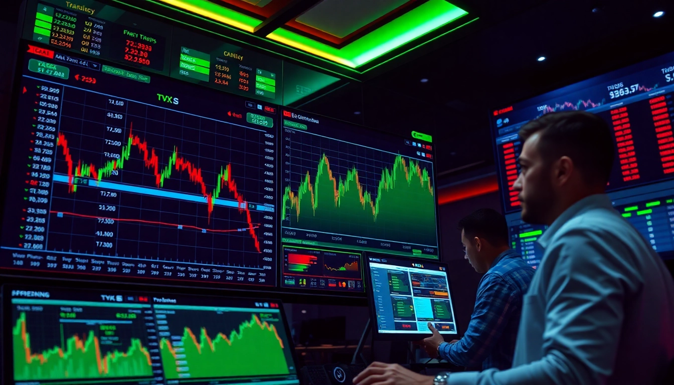 Online Stock Trading platform with dynamic charts and professional traders analyzing financial data