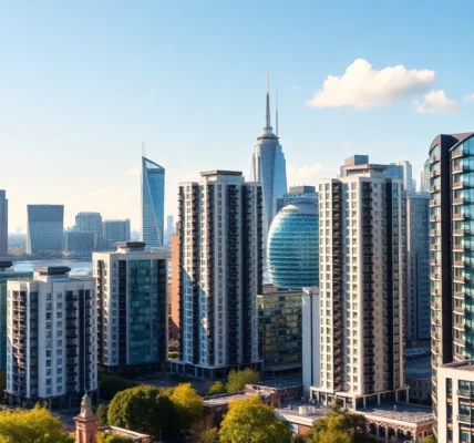 UK Real Estate Market insights with city skyline showing high-rise homes and vibrant cityscape