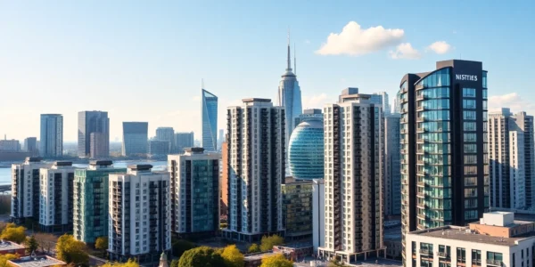UK Real Estate Market insights with city skyline showing high-rise homes and vibrant cityscape