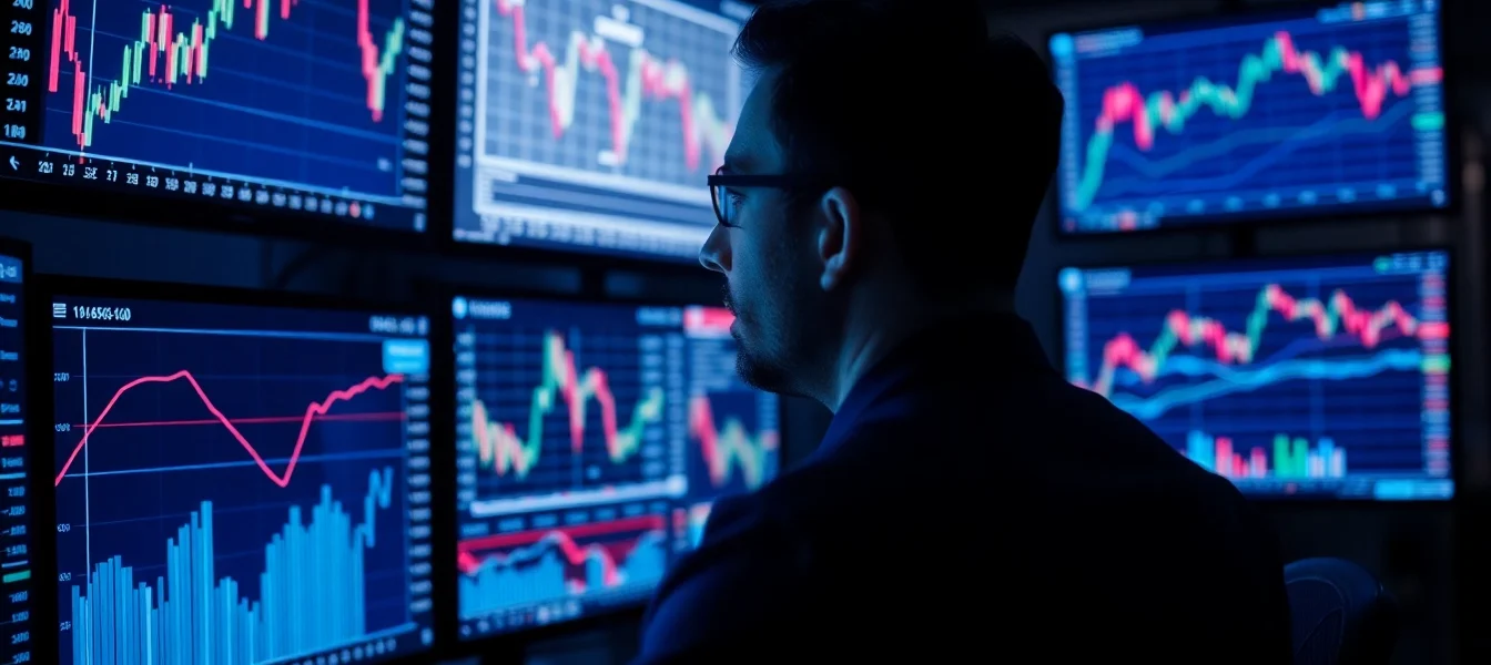 UK Stock Market News insights display with fluctuating graphs and financial analyst analyzing
