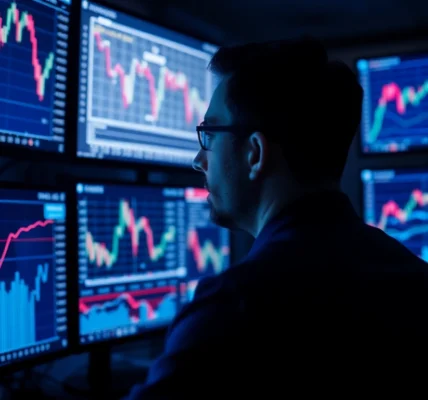 UK Stock Market News insights display with fluctuating graphs and financial analyst analyzing