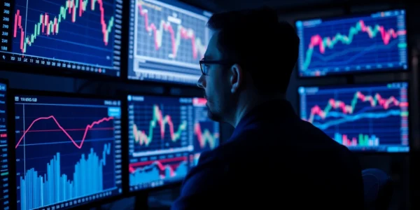 UK Stock Market News insights display with fluctuating graphs and financial analyst analyzing