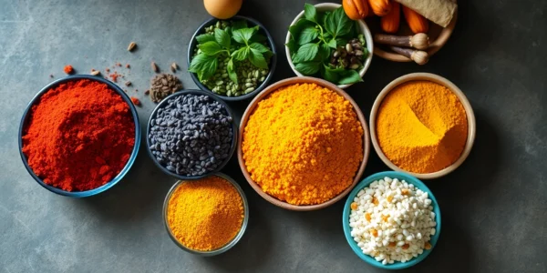 Wholesalers showcasing an array of colorful spices and herbs for bulk purchase, emphasizing